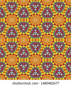 Colorful seamless triangle patchwork pattern. Abstract hand drawn art, stylized floral doodle ornament. Tribal ethnic arabic, indian decor. Vector collage quilt pattern. Textile fabric paper print