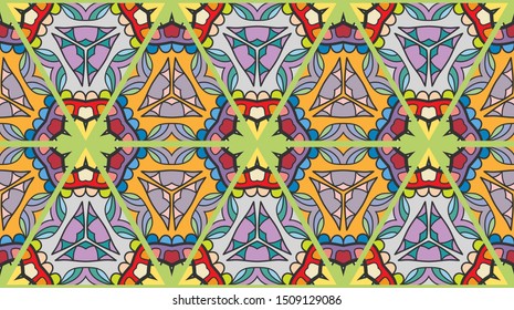 Colorful seamless triangle patchwork pattern. Abstract hand drawn art, stylized floral doodle ornament. Tribal ethnic arabic, indian decor. Vector collage quilt pattern. Textile fabric paper print