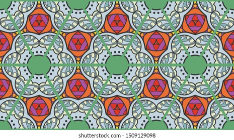 Colorful seamless triangle patchwork pattern. Abstract hand drawn art, stylized floral doodle ornament. Tribal ethnic arabic, indian decor. Vector collage quilt pattern. Textile fabric paper print