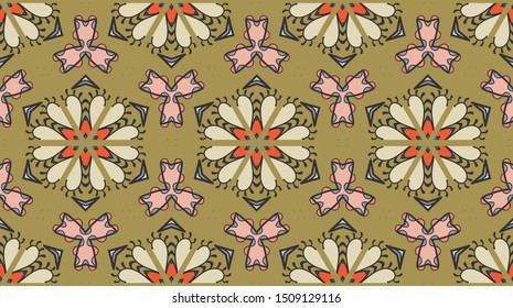 Colorful seamless triangle patchwork pattern. Abstract hand drawn art, stylized floral doodle ornament. Tribal ethnic arabic, indian decor. Vector collage quilt pattern. Textile fabric paper print