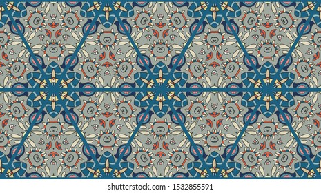 Colorful seamless triangle patchwork pattern. Abstract hand drawn art, stylized floral doodle ornament. Tribal ethnic arabic, indian decor. Vector collage quilt pattern. Textile fabric paper print