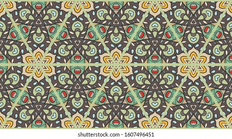 Colorful seamless triangle patchwork pattern. Abstract hand drawn art, stylized floral doodle ornament. Tribal ethnic arabic, indian decor. Vector collage quilt pattern. Textile fabric paper print