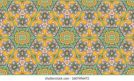 Colorful seamless triangle patchwork pattern. Abstract hand drawn art, stylized floral doodle ornament. Tribal ethnic arabic, indian decor. Vector collage quilt pattern. Textile fabric paper print