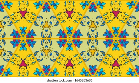 Colorful seamless triangle patchwork pattern. Abstract hand drawn art, stylized floral doodle ornament. Tribal ethnic arabic, indian decor. Vector collage quilt pattern. Textile fabric paper print
