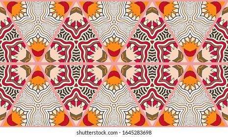 Colorful seamless triangle patchwork pattern. Abstract hand drawn art, stylized floral doodle ornament. Tribal ethnic arabic, indian decor. Vector collage quilt pattern. Textile fabric paper print