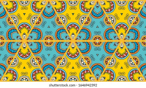Colorful seamless triangle patchwork pattern. Abstract hand drawn art, stylized floral doodle ornament. Tribal ethnic arabic, indian decor. Vector collage quilt pattern. Textile fabric paper print