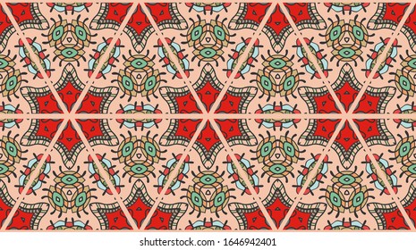 Colorful seamless triangle patchwork pattern. Abstract hand drawn art, stylized floral doodle ornament. Tribal ethnic arabic, indian decor. Vector collage quilt pattern. Textile fabric paper print