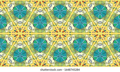 Colorful seamless triangle patchwork pattern. Abstract hand drawn art, stylized floral doodle ornament. Tribal ethnic arabic, indian decor. Vector collage quilt pattern. Textile fabric paper print