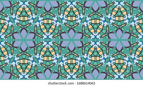 Colorful seamless triangle patchwork pattern. Abstract hand drawn art, stylized floral doodle ornament. Tribal ethnic arabic, indian decor. Vector collage quilt pattern. Textile fabric paper print