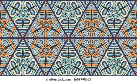 Colorful seamless triangle patchwork pattern. Abstract hand drawn art, stylized floral doodle ornament. Tribal ethnic arabic, indian decor. Vector collage quilt pattern. Textile fabric paper print