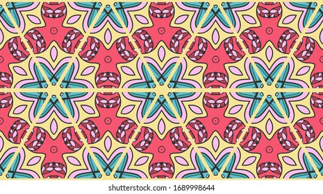 Colorful seamless triangle patchwork pattern. Abstract hand drawn art, stylized floral doodle ornament. Tribal ethnic arabic, indian decor. Vector collage quilt pattern. Textile fabric paper print