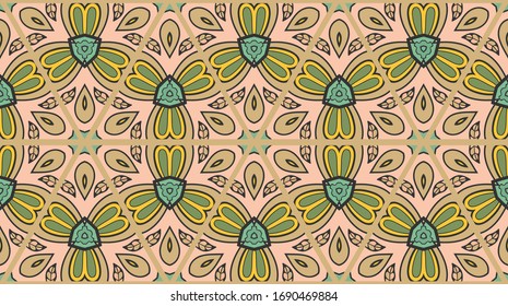 Colorful seamless triangle patchwork pattern. Abstract hand drawn art, stylized floral doodle ornament. Tribal ethnic arabic, indian decor. Vector collage quilt pattern. Textile fabric paper print