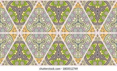 Colorful seamless triangle patchwork pattern. Abstract hand drawn art, stylized floral doodle ornament. Tribal ethnic arabic, indian decor. Vector collage quilt pattern. Textile fabric paper print