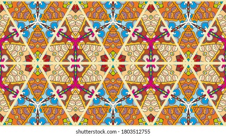 Colorful seamless triangle patchwork pattern. Abstract hand drawn art, stylized floral doodle ornament. Tribal ethnic arabic, indian decor. Vector collage quilt pattern. Textile fabric paper print