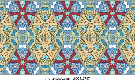 Colorful seamless triangle patchwork pattern. Abstract hand drawn art, stylized floral doodle ornament. Tribal ethnic arabic, indian decor. Vector collage quilt pattern. Textile fabric paper print