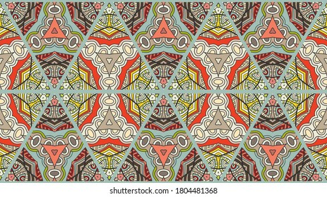 Colorful seamless triangle patchwork pattern. Abstract hand drawn art, stylized floral doodle ornament. Tribal ethnic arabic, indian decor. Vector collage quilt pattern. Textile fabric paper print