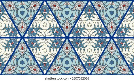 Colorful seamless triangle patchwork pattern. Abstract hand drawn art, stylized floral doodle ornament. Tribal ethnic arabic, indian decor. Vector collage quilt pattern. Textile fabric paper print