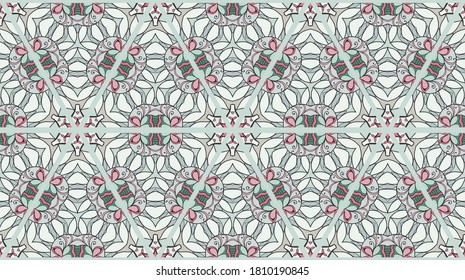 Colorful seamless triangle patchwork pattern. Abstract hand drawn art, stylized floral doodle ornament. Tribal ethnic arabic, indian decor. Vector collage quilt pattern. Textile fabric paper print