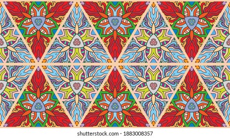 Colorful seamless triangle patchwork pattern. Abstract hand drawn art, stylized floral doodle ornament. Tribal ethnic arabic, indian decor. Vector collage quilt pattern. Textile fabric paper print