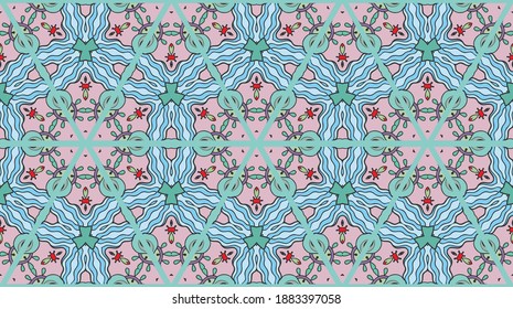 Colorful seamless triangle patchwork pattern. Abstract hand drawn art, stylized floral doodle ornament. Tribal ethnic arabic, indian decor. Vector collage quilt pattern. Textile fabric paper print