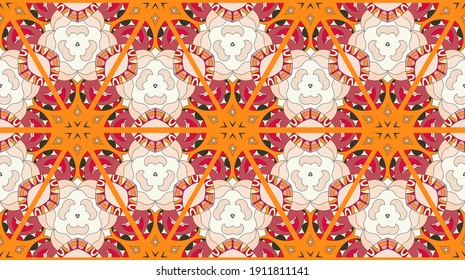 Colorful seamless triangle patchwork pattern. Abstract hand drawn art, stylized floral doodle ornament. Tribal ethnic arabic, indian decor. Vector collage quilt pattern. Textile fabric paper print