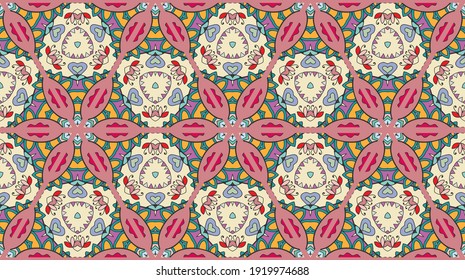 Colorful seamless triangle patchwork pattern. Abstract hand drawn art, stylized floral doodle ornament. Tribal ethnic arabic, indian decor. Vector collage quilt pattern. Textile fabric paper print