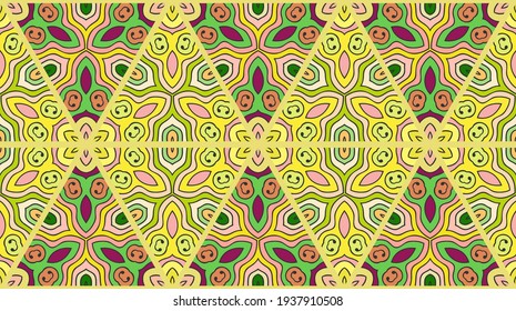 Colorful seamless triangle patchwork pattern. Abstract hand drawn art, stylized floral doodle ornament. Tribal ethnic arabic, indian decor. Vector collage quilt pattern. Textile fabric paper print