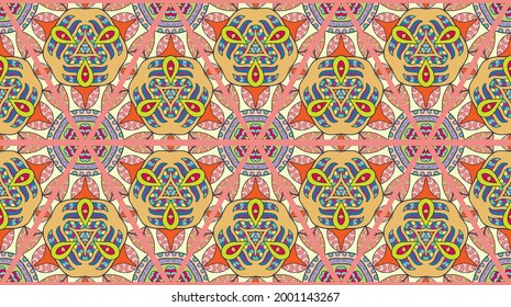 Colorful seamless triangle patchwork pattern. Abstract hand drawn art, stylized floral doodle ornament. Tribal ethnic arabic, indian decor. Vector collage quilt pattern. Textile fabric paper print