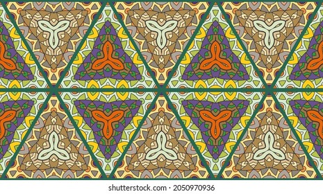 Colorful seamless triangle patchwork pattern. Abstract hand drawn art, stylized floral doodle ornament. Tribal ethnic arabic, indian decor. Vector collage quilt pattern. Textile fabric paper print