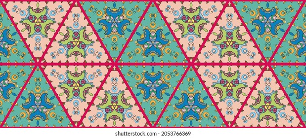 Colorful seamless triangle patchwork pattern. Abstract hand drawn art, stylized floral doodle ornament. Tribal ethnic arabic, indian decor. Vector collage quilt pattern. Textile fabric paper print