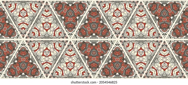 Colorful seamless triangle patchwork pattern. Abstract hand drawn art, stylized floral doodle ornament. Tribal ethnic arabic, indian decor. Vector collage quilt pattern. Textile fabric paper print