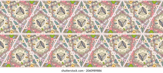 Colorful seamless triangle patchwork pattern. Abstract hand drawn art, stylized floral doodle ornament. Tribal ethnic arabic, indian decor. Vector collage quilt pattern. Textile fabric paper print