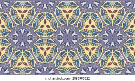 Colorful seamless triangle patchwork pattern. Abstract hand drawn art, stylized floral doodle ornament. Tribal ethnic arabic, indian decor. Vector collage quilt pattern. Textile fabric paper print