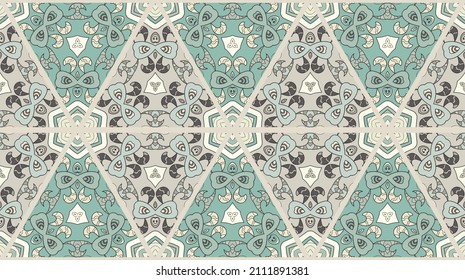 Colorful seamless triangle patchwork pattern. Abstract hand drawn art, stylized floral doodle ornament. Tribal ethnic arabic, indian decor. Vector collage quilt pattern. Textile fabric paper print
