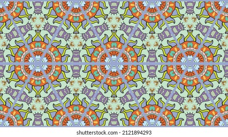 Colorful seamless triangle patchwork pattern. Abstract hand drawn art, stylized floral doodle ornament. Tribal ethnic arabic, indian decor. Vector collage quilt pattern. Textile fabric paper print