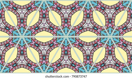 Colorful seamless triangle patchwork pattern. Abstract hand drawn art, stylized floral doodle ornament. Tribal ethnic arabic, indian decor. Vector collage quilt pattern. Textile fabric paper print