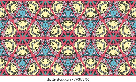Colorful seamless triangle patchwork pattern. Abstract hand drawn art, stylized floral doodle ornament. Tribal ethnic arabic, indian decor. Vector collage quilt pattern. Textile fabric paper print