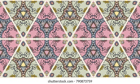 Colorful seamless triangle patchwork pattern. Abstract hand drawn art, stylized floral doodle ornament. Tribal ethnic arabic, indian decor. Vector collage quilt pattern. Textile fabric paper print