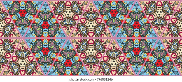 Colorful seamless triangle patchwork pattern. Abstract hand drawn art, stylized floral doodle ornament. Tribal ethnic arabic, indian decor. Vector collage quilt pattern. Textile fabric paper print
