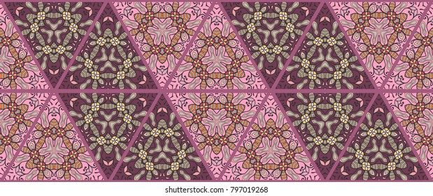 Colorful seamless triangle patchwork pattern. Abstract hand drawn art, stylized floral doodle ornament. Tribal ethnic arabic, indian decor. Vector collage quilt pattern. Textile fabric paper print