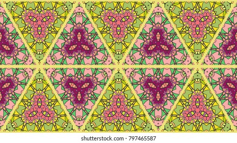 Colorful seamless triangle patchwork pattern. Abstract hand drawn art, stylized floral doodle ornament. Tribal ethnic arabic, indian decor. Vector collage quilt pattern. Textile fabric paper print