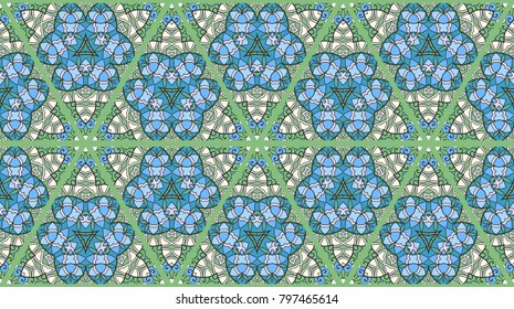 Colorful seamless triangle patchwork pattern. Abstract hand drawn art, stylized floral doodle ornament. Tribal ethnic arabic, indian decor. Vector collage quilt pattern. Textile fabric paper print