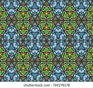 Colorful seamless triangle pattern. Abstract hand drawn art, stylized floral doodle background. Tribal ethnic arabic, indian ornament. Vector patchwork quilt pattern. Textile fabric paper print