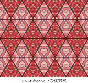 Colorful seamless triangle pattern. Abstract hand drawn art, stylized floral doodle background. Tribal ethnic arabic, indian ornament. Vector patchwork quilt pattern. Textile fabric paper print