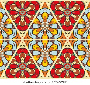 Colorful seamless triangle pattern. Abstract hand drawn art, stylized floral doodle background. Tribal ethnic arabic, indian ornament. Vector patchwork quilt pattern. Textile fabric paper print