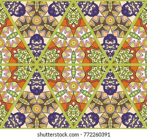 Colorful seamless triangle pattern. Abstract hand drawn art, stylized floral doodle background. Tribal ethnic arabic, indian ornament. Vector patchwork quilt pattern. Textile fabric paper print