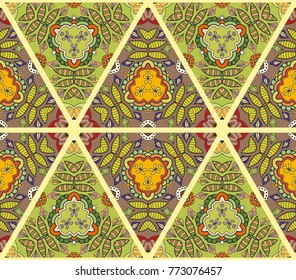 Colorful seamless triangle pattern. Abstract hand drawn art, stylized floral doodle background. Tribal ethnic arabic, indian ornament. Vector patchwork quilt pattern. Textile fabric paper print