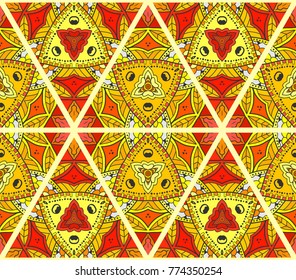 Colorful seamless triangle pattern. Abstract hand drawn art, stylized floral doodle background. Tribal ethnic arabic, indian ornament. Vector patchwork quilt pattern. Textile fabric paper print