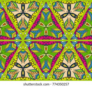 Colorful seamless triangle pattern. Abstract hand drawn art, stylized floral doodle background. Tribal ethnic arabic, indian ornament. Vector patchwork quilt pattern. Textile fabric paper print