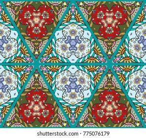 Colorful seamless triangle pattern. Abstract hand drawn art, stylized floral doodle background. Tribal ethnic arabic, indian ornament. Vector patchwork quilt pattern. Textile fabric paper print